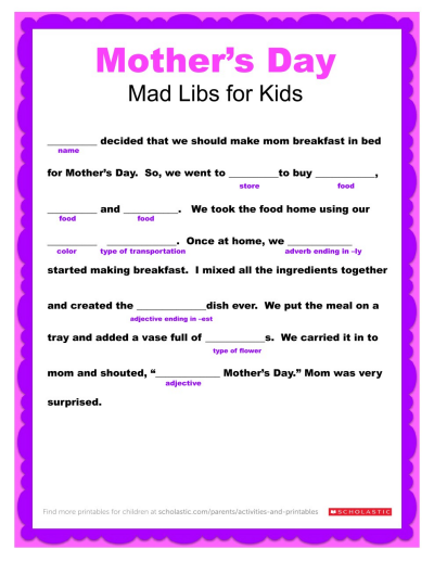 Mother's Day Mad Libs Printable  Worksheets & Printables 