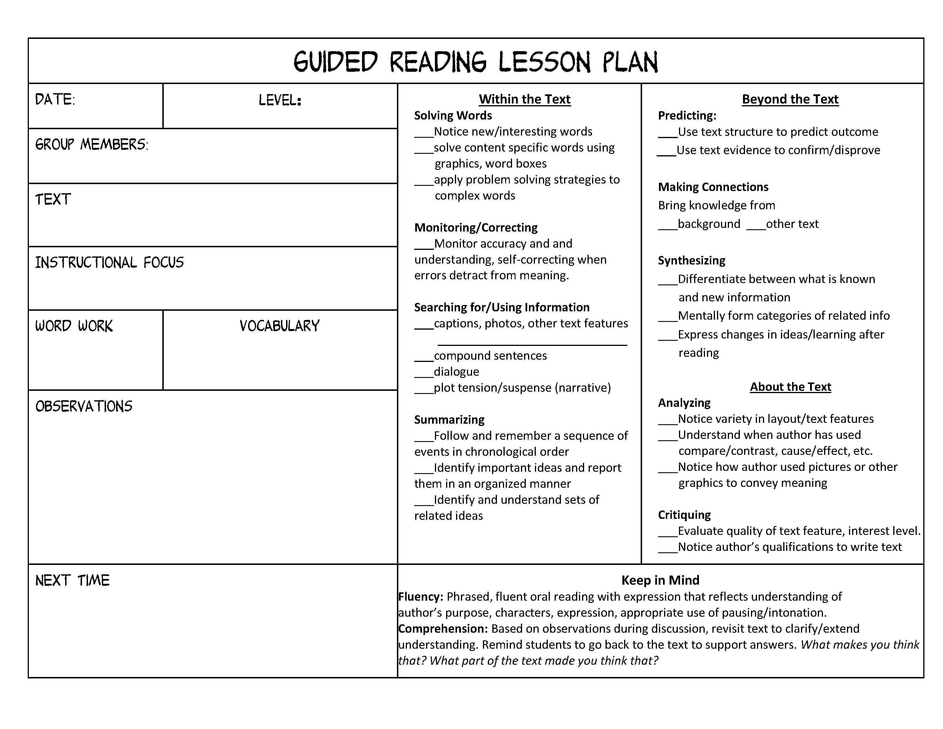 Free Printable Guided Reading Lesson Plan Template Printable Templates